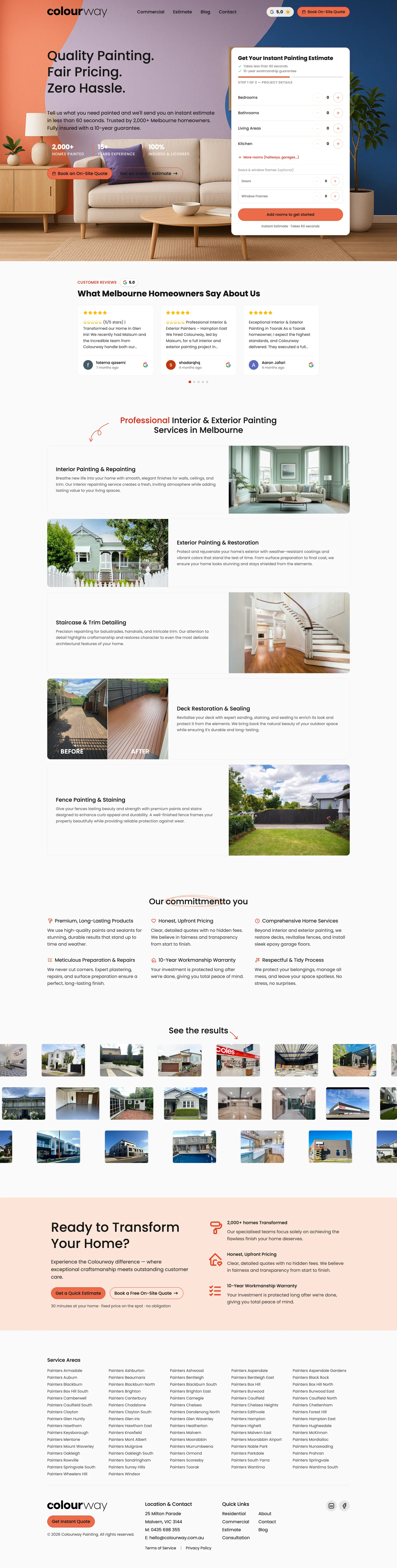 Colourway homepage featuring its painting services and instant estimate tool
